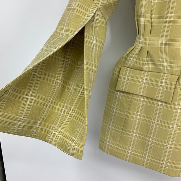 Onarin Blazer Yellow Print Plaid Cinched Button Down Lined Jacket - Picture 5 of 9
